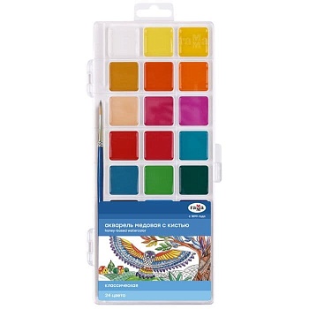 Краски акварельные 24цв.Гамма "Классическая", медовая, с кистью, пластик. упак., европодвес NEW - купить в магазине Кассандра, фото, 4600395231612, 