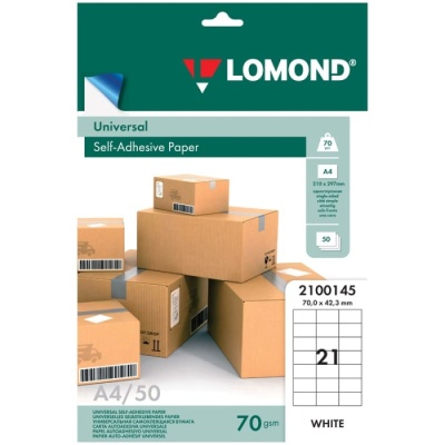 Бумага самоклеящаяся А4 50л. Lomond, белая, 21 фр. (70*42,3), 70г/м2- купить в магазине Кассандра, фото, 4607003956028, 