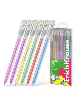 Набор гелевых ручек 6цв " ErichKrause " Paradise Stick Neon 0,6мм, игольчатый наконечник, прозрачный - купить в магазине Кассандра, фото, 4041485613091, 