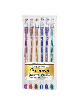 Набор гелевых ручек Crown "Hi-Jell Metallic" 6шт., 06цв., 0,7мм, металлик, ПВХ уп., европодвес - купить в магазине Кассандра, фото, 8803654006242, 