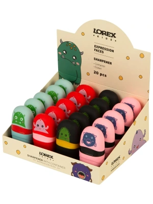 Точилка LOREX KIDS EXPRESSION FACES с контейнером и ластиком ассорти, корпус пластик 1 отвер. в дисплее индив.- купить в магазине Кассандра, фото, 4602723177623, 