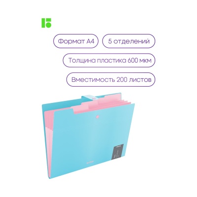 Папка 5 отделений Berlingo "Haze", А4, 600мкм, на кнопке, голубая, софт-тач- купить в магазине Кассандра, фото, 4260709080277, 