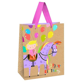 Пакет подарочный 18*23*10см MESHU "Happy Birthday. Unicorn", выборочный лак, крафт, дев - купить в магазине Кассандра, фото, 4680211497330, 