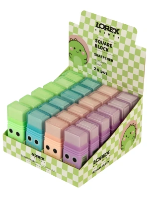Точилка LOREX KIDS SQUARE BLOCK с контейнером и ластиком ассорти, корпус пластик 1 отвер. в дисплее индив.штри- купить в магазине Кассандра, фото, 4602723178071, 
